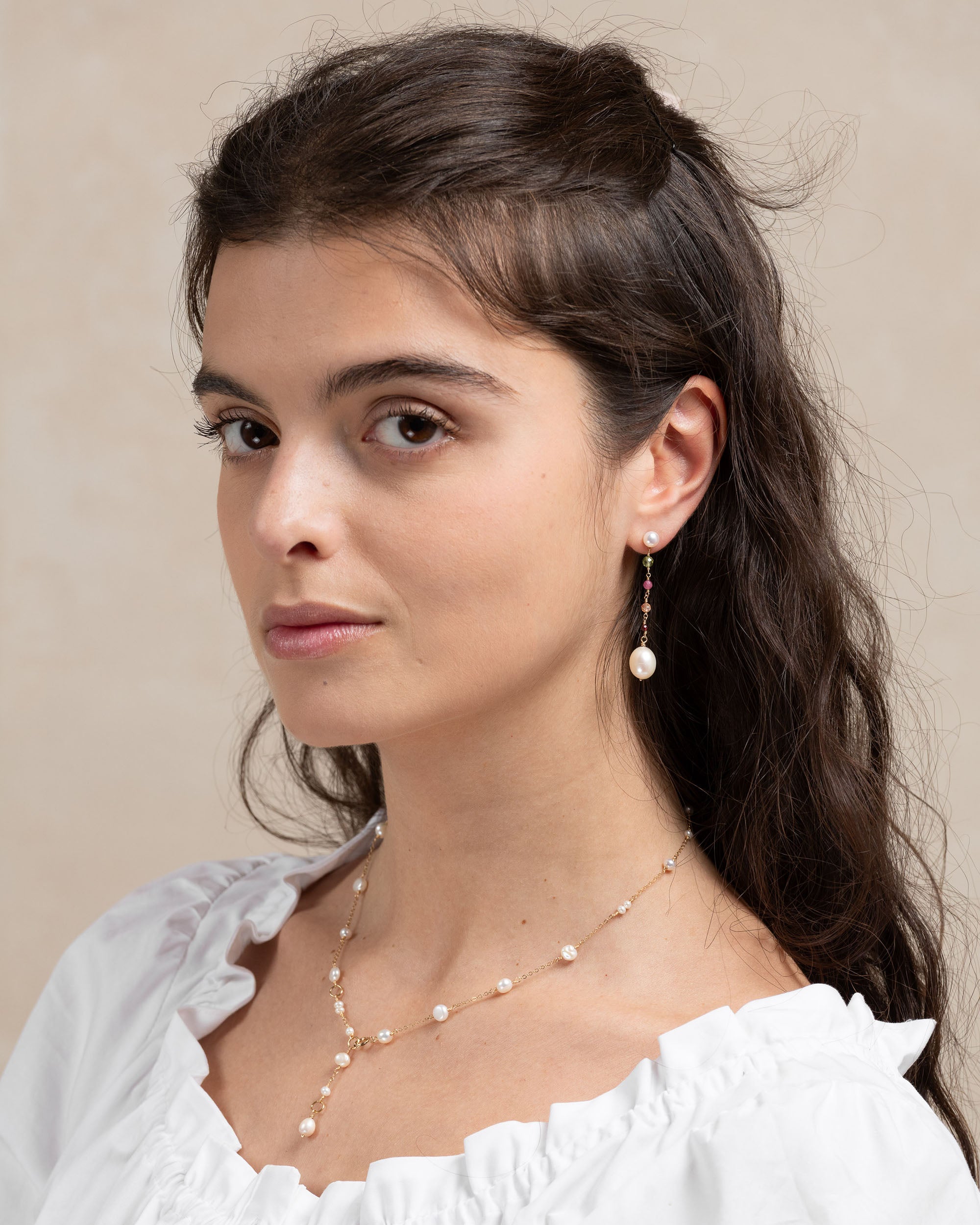 Jardin no. 19 | Multigemstone & Baroque Pearl Long Drop Earrings