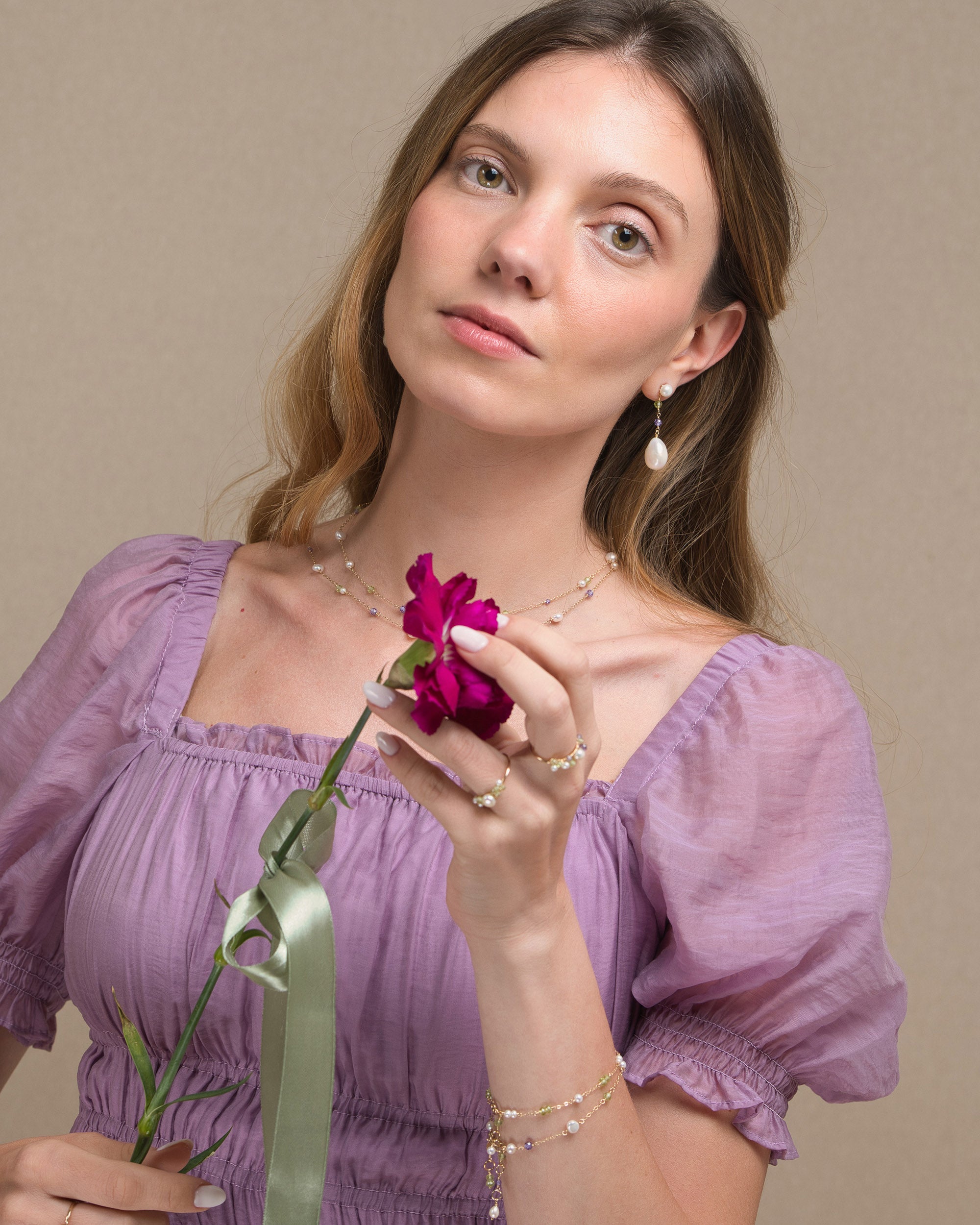 Lueur no. 4 | Peridot, Purple Zircon & Pearl Drop Earrings