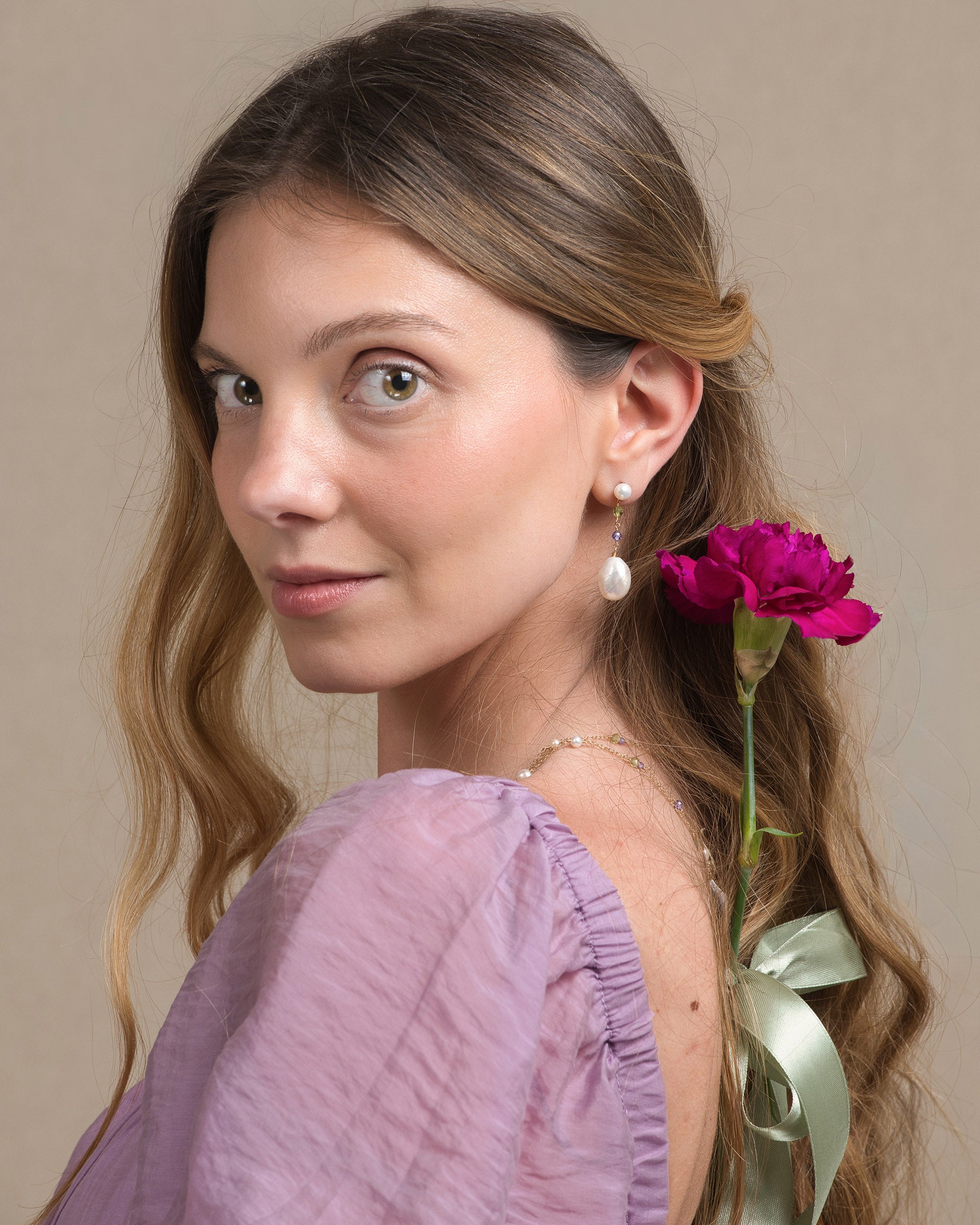 Lueur no. 4 | Peridot, Purple Zircon & Pearl Drop Earrings