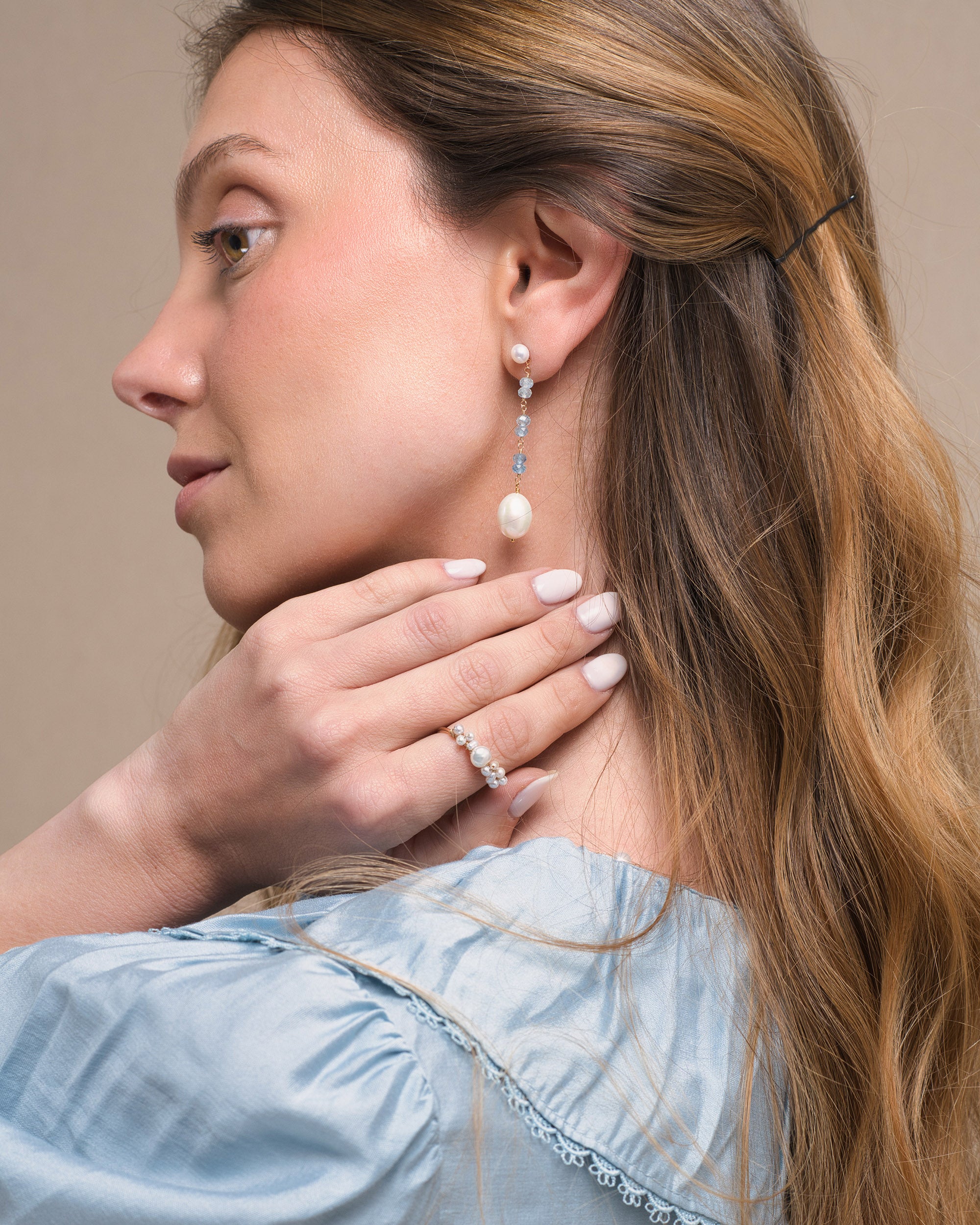 Lueur no. 20 | Gradient Aquamarine & Pearl Drop Earrings