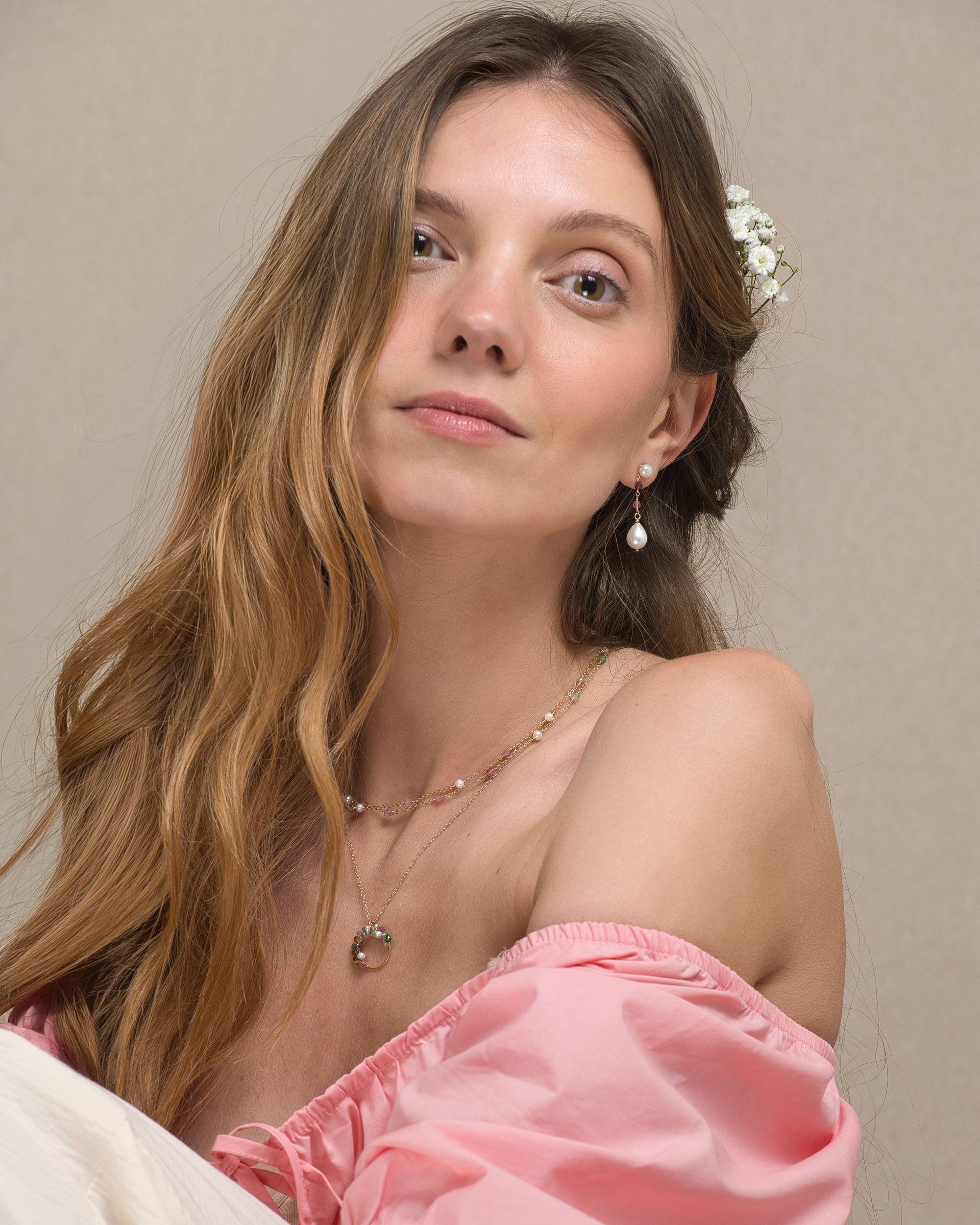 Lueur no. 24 | Pink Tourmaline, Garnet & Pearl Drop Earrings