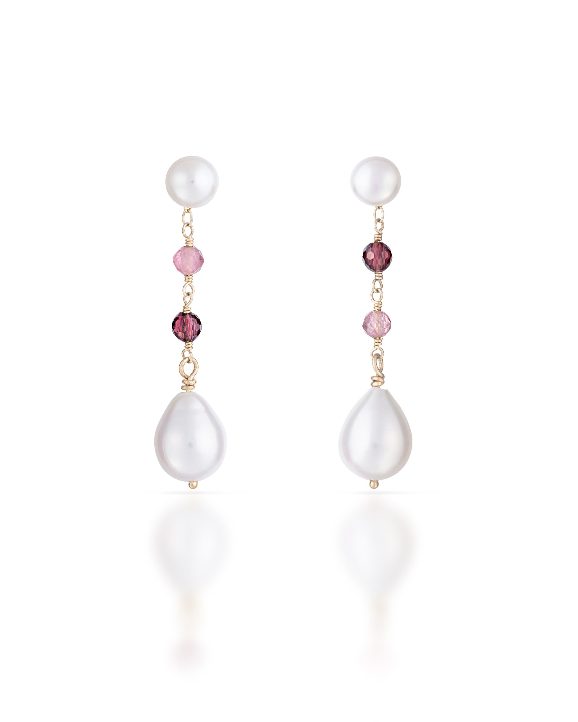 Lueur no. 24 | Pink Tourmaline, Garnet & Pearl Drop Earrings