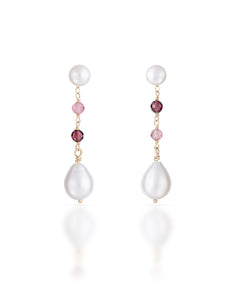 Lueur no. 24 | Pink Tourmaline, Garnet & Pearl Drop Earrings